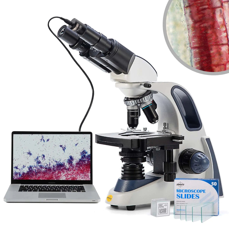 SWIFT SW380B 40X-2500X Magnification Research-Grade Binocular Compound Lab Microscope Mechanical Stage with 5.0 mp Camera and Software Windows/Mac Compatible and 100pcs Blank Slides