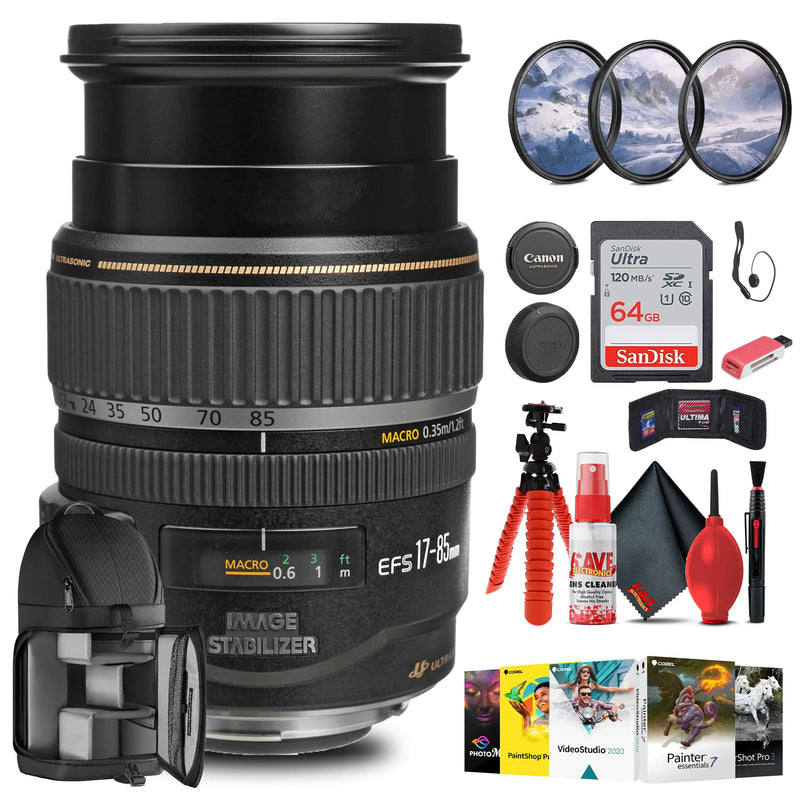 Canon EF-S 17-85mm f/4-5.6 is USM Lens with 64GB Extreme Pro Card + Corel Photo Software + Flexible Tripod + Filter kit + Card Wallet + Backpack + Cleaning Kit + Card Reader + Cap Keeper (Renewed)