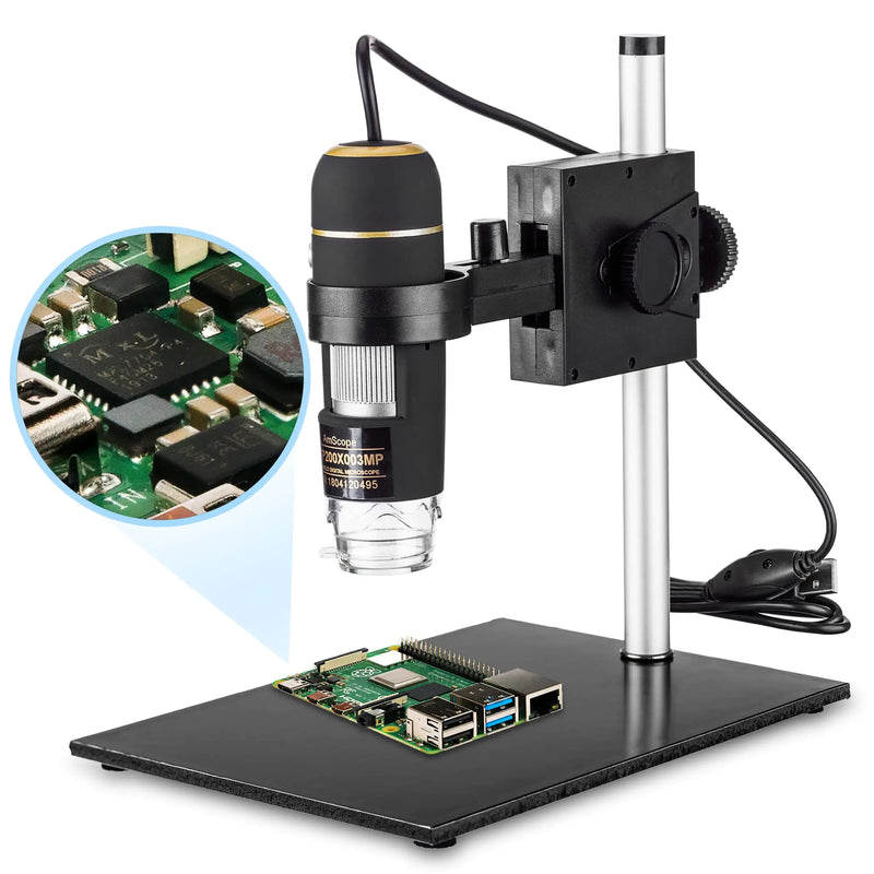Amscope UTP200X003MP Digital 2MP USB Microscope 10X-200X Magnification Built-In Eight LED Light Source Table Stand Includes Software CD Black