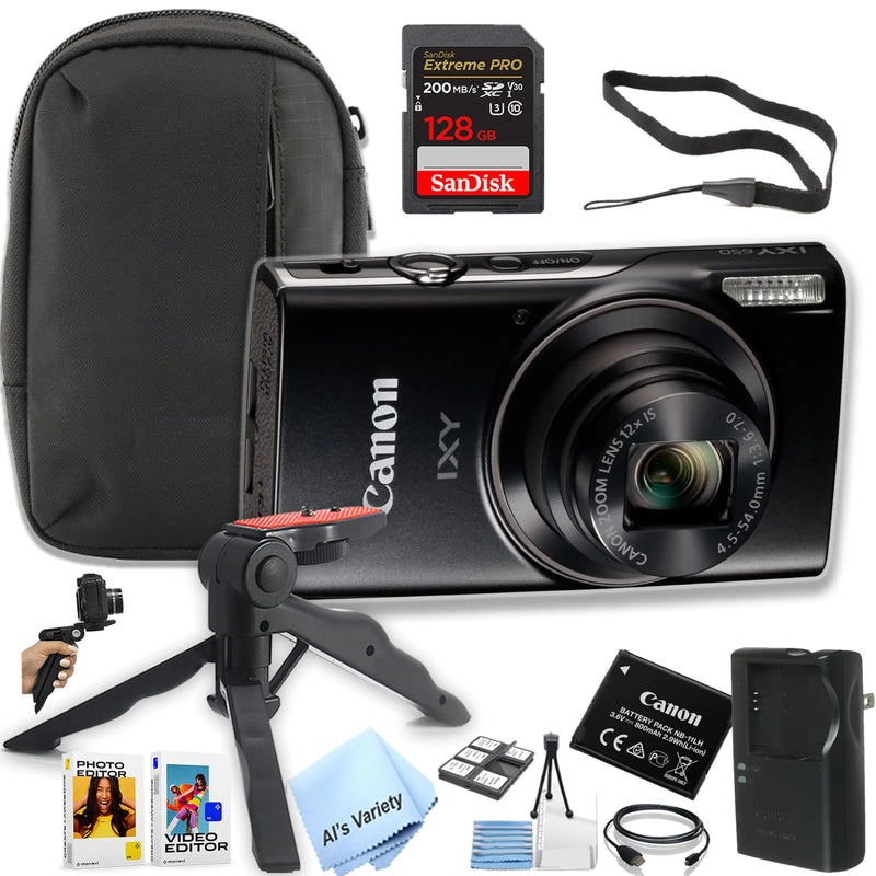 Canon PowerShot IXY 650 (ELPH 360) HS Digital Camera + 128GB Extreme PRO Memory + Case Grip Software Pack (Essential Bundle) (Renewed) Black